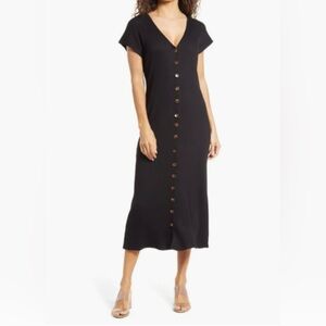 SANCIA V-Neck Black Button-Front Midi Dress